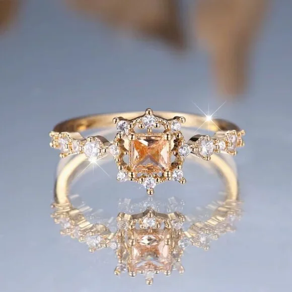 NEW 14k Gold Champagne Princess Cut Diamond Ring Dainty Band - Picture 2 of 7